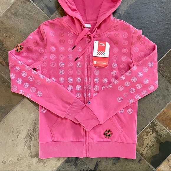 Li-Ning•NWT•S•Hot Pink•Full-Zip Fleece Hoodie•Embroidered Patches + Sleeve Cuff - Picture 5 of 16